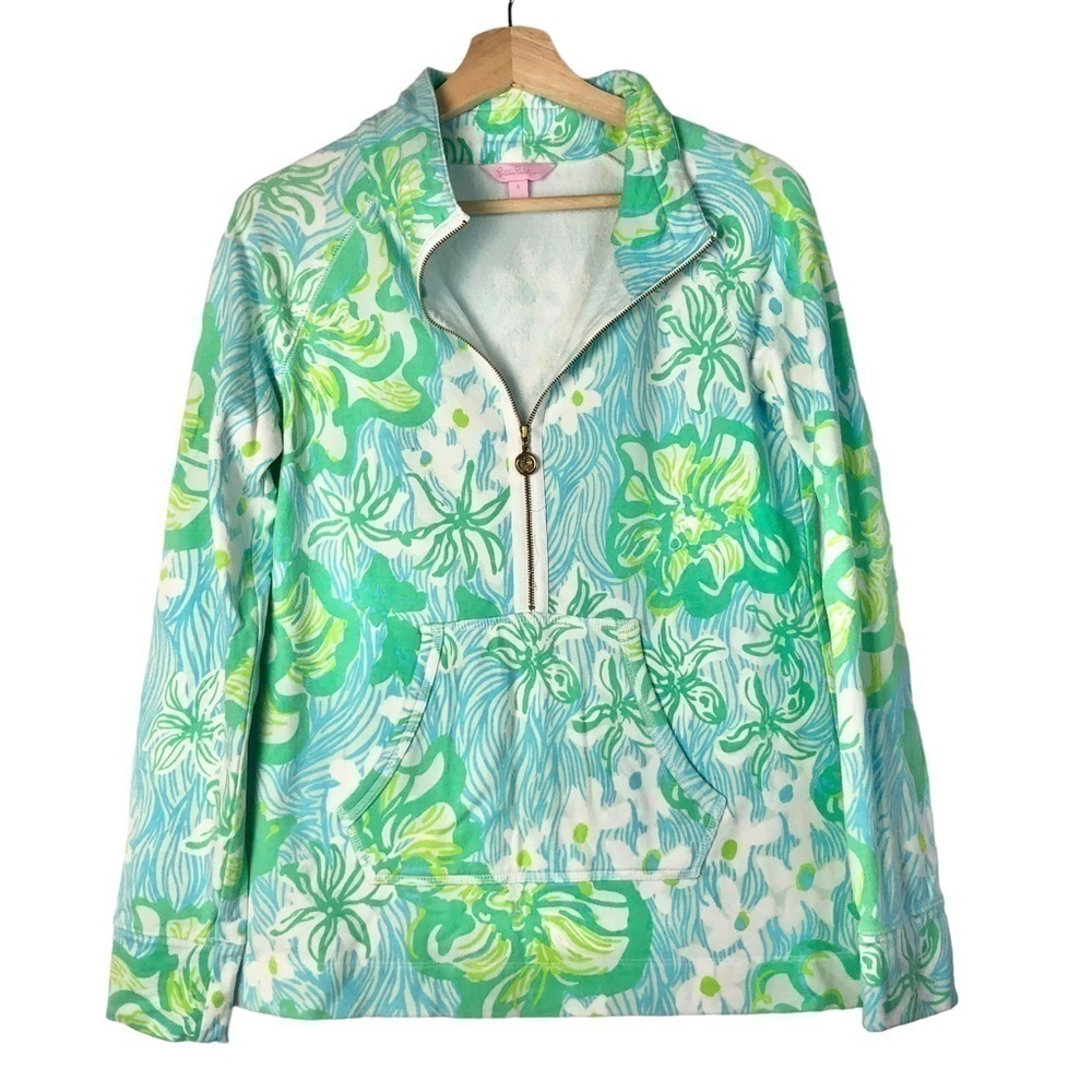 Lilly Pulitzer Skipper UPF 50 Green & Blue Floral Quarter Zip Pullover S